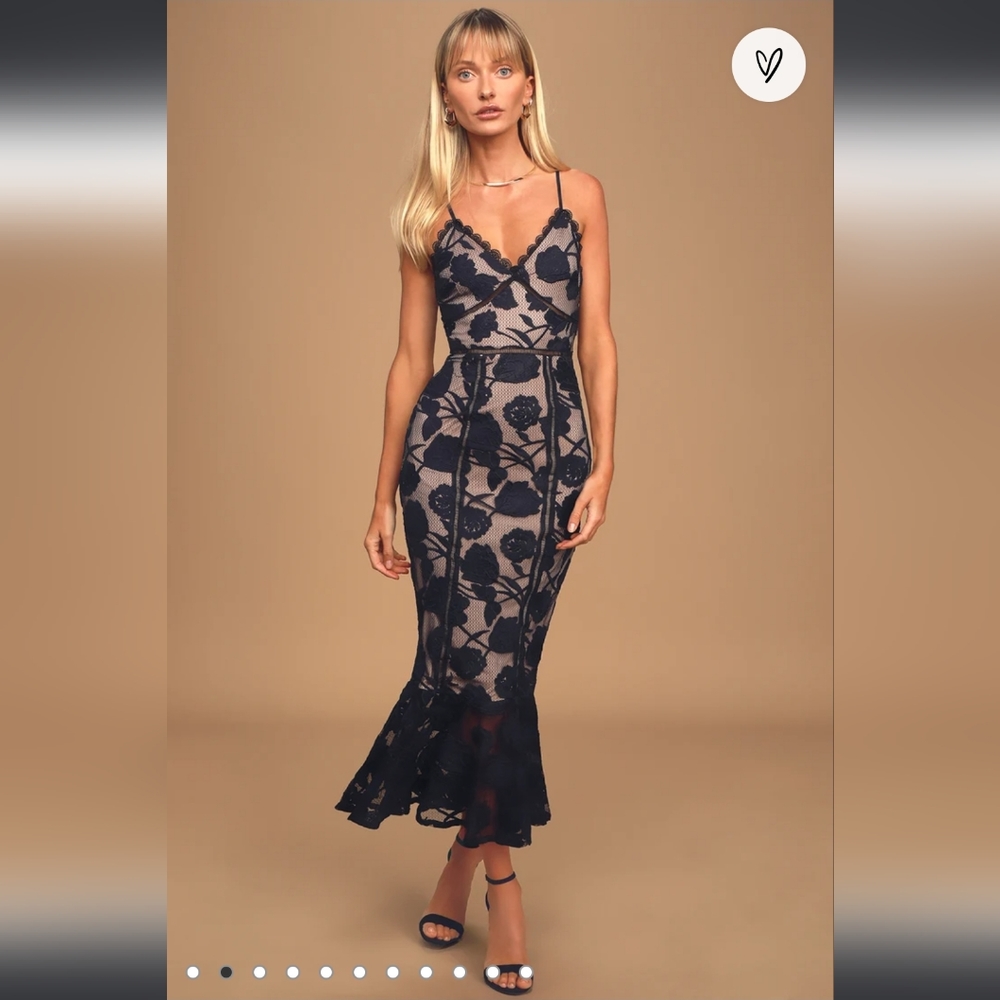 Lulu's Alluring Dream Navy Blue Floral Mesh Lace Trumpet Midi Dress